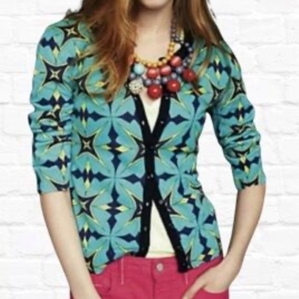 anthropologie Tabitha Teal and Yellow Star Pattern Cardigan L